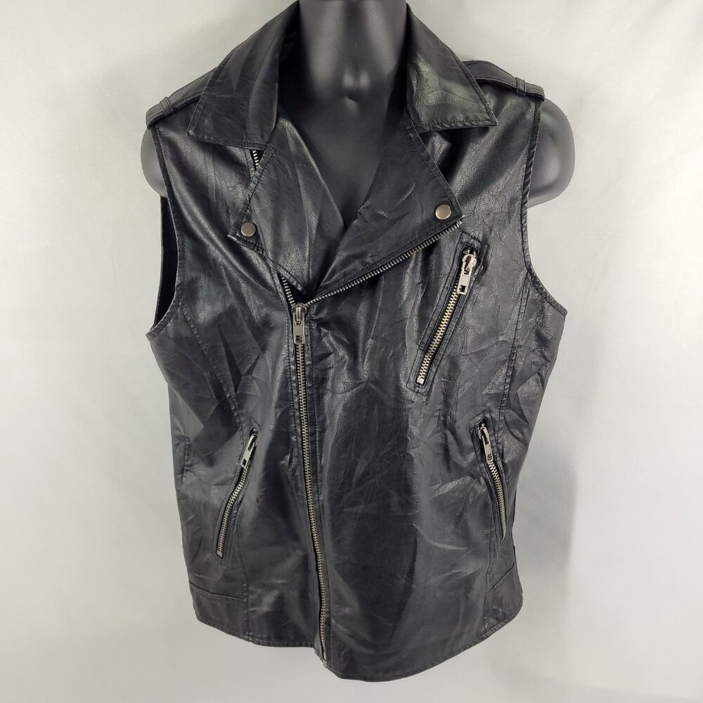 21 Men Black Leather Vest Biker Motorcycle Western Full Zip Mens Large NEW